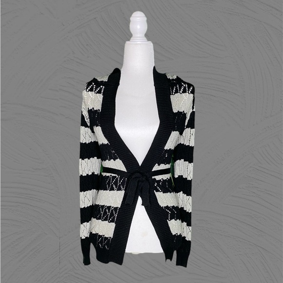 GREY & BLACK STRIPE KNITTED CARDIGAN W/ HOOD & WAIST TIE • SIZE S - Picture 6 of 6